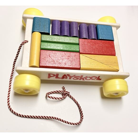 Vintage Playskool Wagon Of Blocks 1976 Wooden Building Shapes Colors Pull Along - Picture 3 of 6